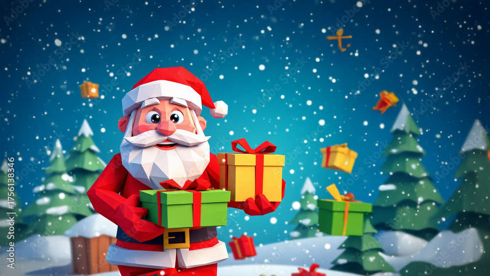 Fototapeta premium Merry Christmas 3D Illustration — Santa Claus with Eco-Friendly Christmas Gifts in Winter Snow