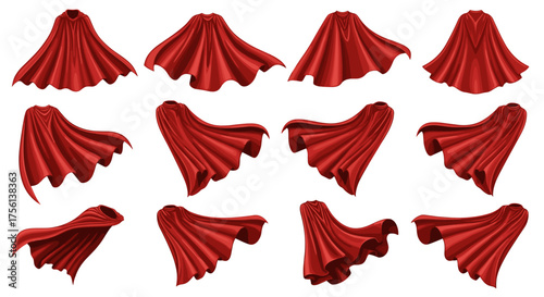 Dynamic Red Superhero Capes Collection Isolated on White Backdrop - Flowing Fabric in Motion for Costume Design, Fantasy Character Illustration, Creative Arts, Cosplay, Events, Theatrical Productions,