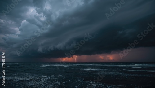 Stormy sky with dark weather front clouds gathering over ocean water in a summer evening rainstorm