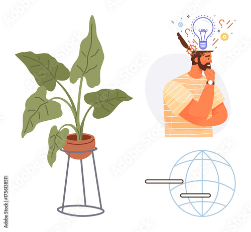 Man contemplating with creative elements above head, potted plant in stand, globe with connection lines. Ideal for creativity, innovation, sustainability, global communication, mindfulness