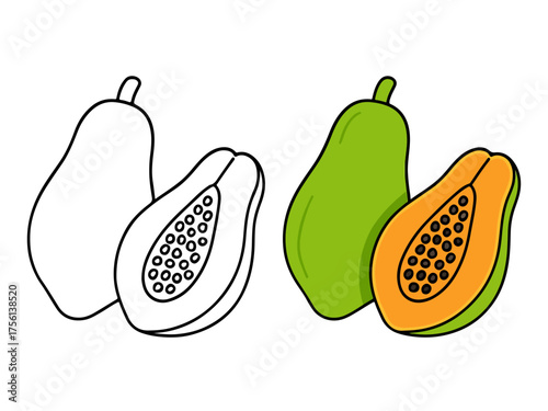 Whole and sliced papaya with seeds, shown in outline and colored versions, perfect for tropical fruit or healthy food-themed coloring pages.