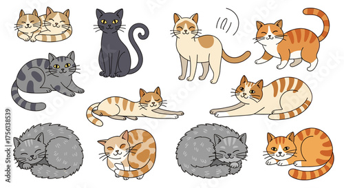 Cute Cartoon Cats Collection in Various Poses, Happy Feline Characters for Children's Illustration, Pet Adoption Campaign, Veterinary Designs, Playful Kittens, Animal Welfare Advocacy, Colorful Line A