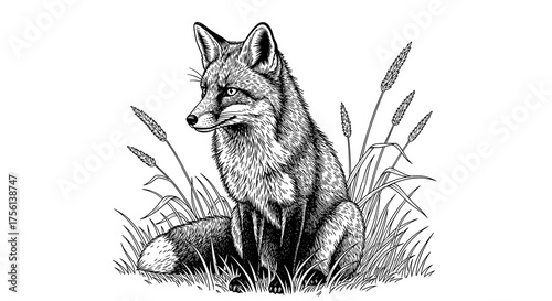 Fox Sitting in Grassy Meadow, Black and White Detailed Illustration for Wildlife Conservation, Nature Education, Veterinary Marketing, Woodland Animals, Countryside Illustration, Rural Aesthetic, Calm