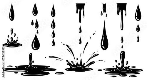 Black Liquid Splashes and Drops Collection: Abstract Oil Spill Graphics for Industrial Design, Chemical Processes, and Grunge Aesthetics, Featuring Ink, Fluid, Blob, Drips, Vector Shapes for Creative