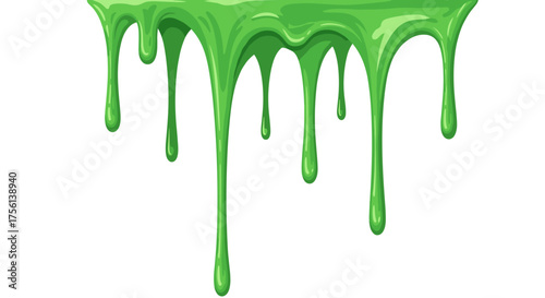 Viscous Green Slime Dripping Downward on a White Background, Toxic Ooze, Halloween Graphic Resource, Decoration Element, Vector Cartoon Illustration Style, Chemistry, Microbiology, Biology Application