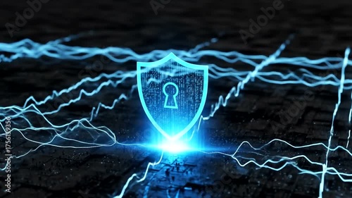 Digital shield symbolizing cybersecurity amidst electric waves on dark ground