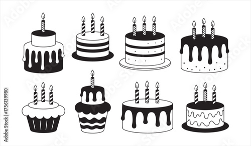 Black and White Birthday Cake Vector Collection — Layered Dessert Silhouettes with Candles and Frosting for Party Design and Art Projects