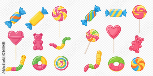 A collection of colorful candies, including lollipops, gummy bears, and wrapped sweets, arranged on a transparent background.