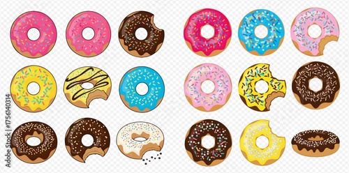 A delightful assortment of colorful and frosted donuts, some with bites taken out, arranged on a light background.