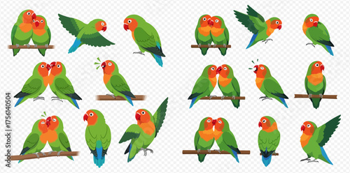 Illustration of lovebirds in various poses, perched, flying, and interacting with each other.