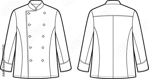 Chef jacket technical flat, front and back view, double breasted uniform design, culinary garment illustration, professional kitchen apparel construction drawing