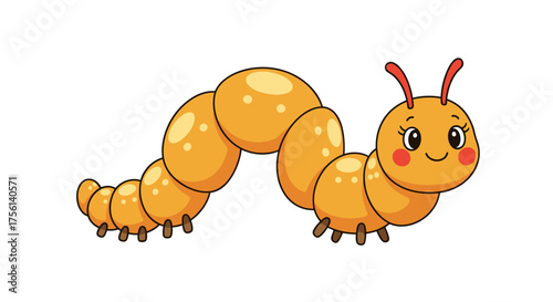 Cute Cartoon Caterpillar Crawling on White Background: Children's Illustration for Storybooks, Educational Materials, Wildlife, Nature, and Insect Themes, Bright Colors, Simple Design, Friendly Creatu