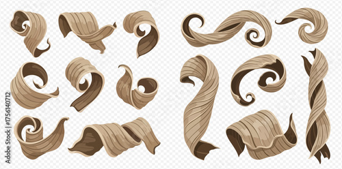 Collection of stylized wood shavings in various shapes and orientations.