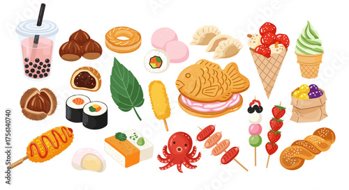 Japanese Street Food Illustrations Collection Featuring Takoyaki, Taiyaki, Dango, Mochi, Sushi, and Bubble Tea for Restaurant Menus, Food Blogs, Recipe Websites, and Asian Cuisine Promotional Material
