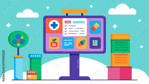 A colorful information board displaying the clinics services hours and health tips. A hand sanitizer station is also visible.