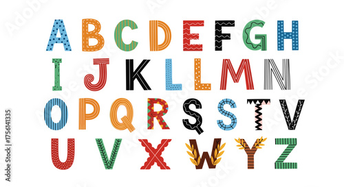 Vibrant Illustrated Alphabet Letters for Children's Education and Creative Design Projects in a Colorful, Playful Style, Ideal for Early Learning Materials, Educational Resources, and Whimsical Graphi