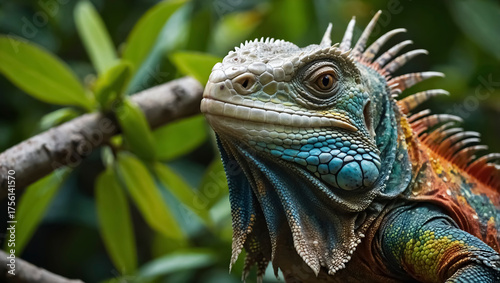 A large, brightly colored iguana is on a leafy tree branch in a closeup photo.