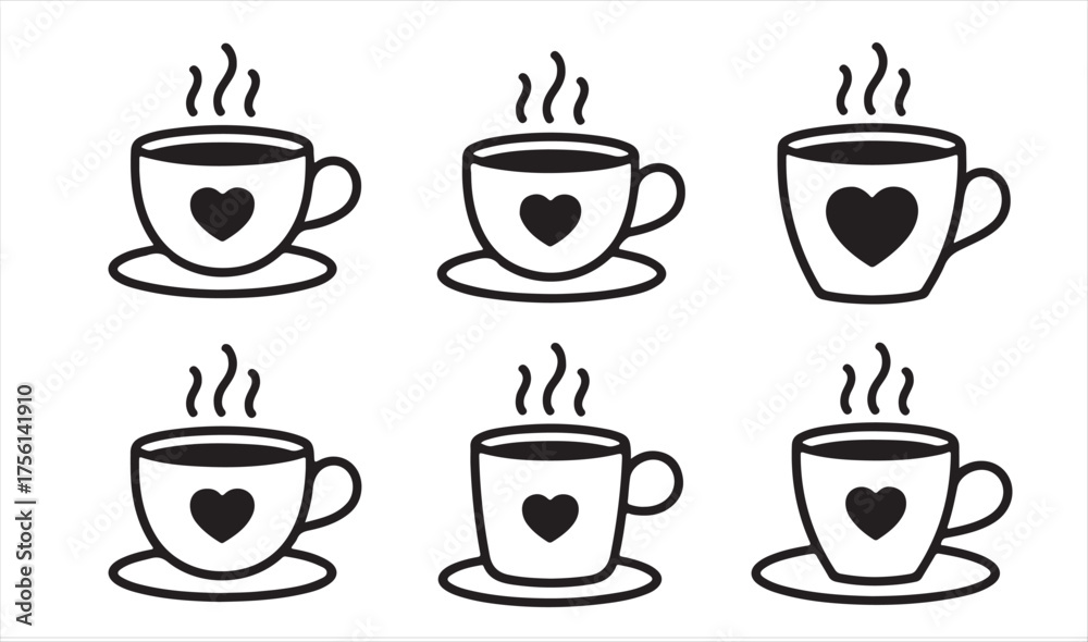 Obraz premium Black and White Coffee Mug Vector Collection — Minimal Steaming Cup Designs with Love Theme for Café Art and Branding