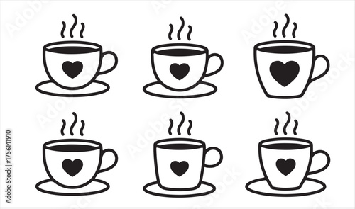 Black and White Coffee Mug Vector Collection — Minimal Steaming Cup Designs with Love Theme for Café Art and Branding