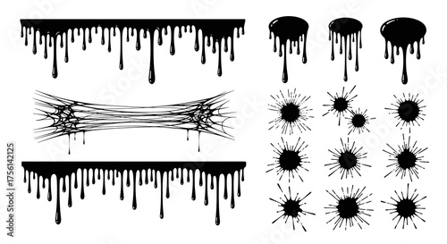 Black Paint Drips Splatters and Streaks Isolated on White Background, Abstract Graphic Elements for Halloween Designs and Dark Art Projects, Decorative Vector Shapes for Grunge Style and Artistic Crea