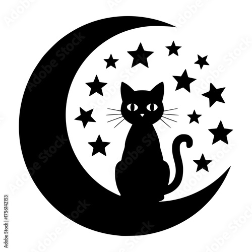 Nighttime Silhouette: A serene black cat perches elegantly on a crescent moon, surrounded by a constellation of stars. An ideal representation of mystery and midnight charm.