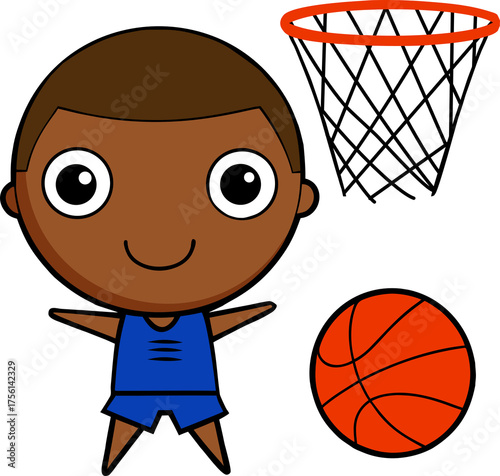 A cartoon illustration of a boy with a powerful basketball player with a basketball.