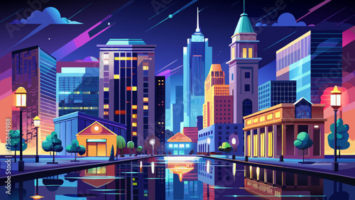 Very beautiful downtown Mobile, Alabama, USA at night, featuring illuminated city buildings, glowing streetlights, reflections on wet streets, and a vibrant urban atmosphere under a dark sky.