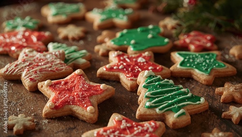 Close-up of festive holiday cookies in various shapes
