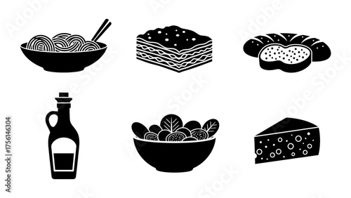 Clean Vector Black Silhouette Food Icons Collection on White Background