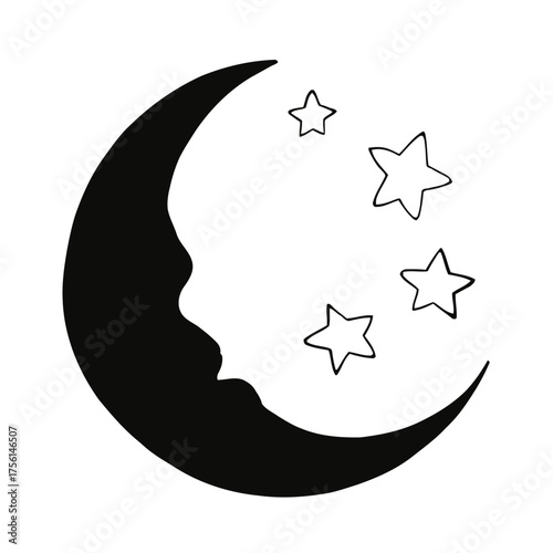Moon and stars celestial vector sign illustration for a logo design or icon button shape