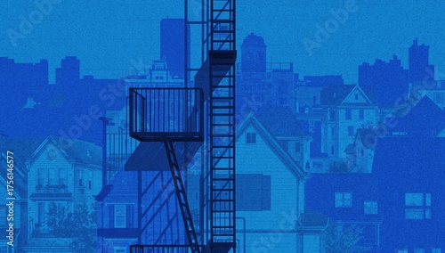 Emergency ladder against a residential backdrop, artistic and modern, featuring urban housing and structural elements in shades of blue