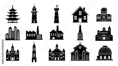 Black Silhouette Building Icons Set on White Background Vector
