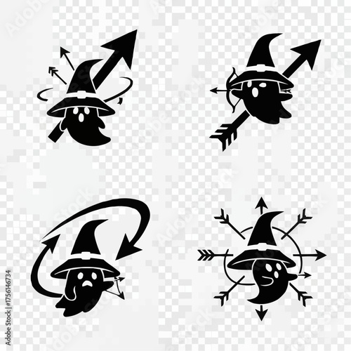 Witch Hat Ghost Arrow Icon Set - Magic Pointer Target Silhouette UI/UX