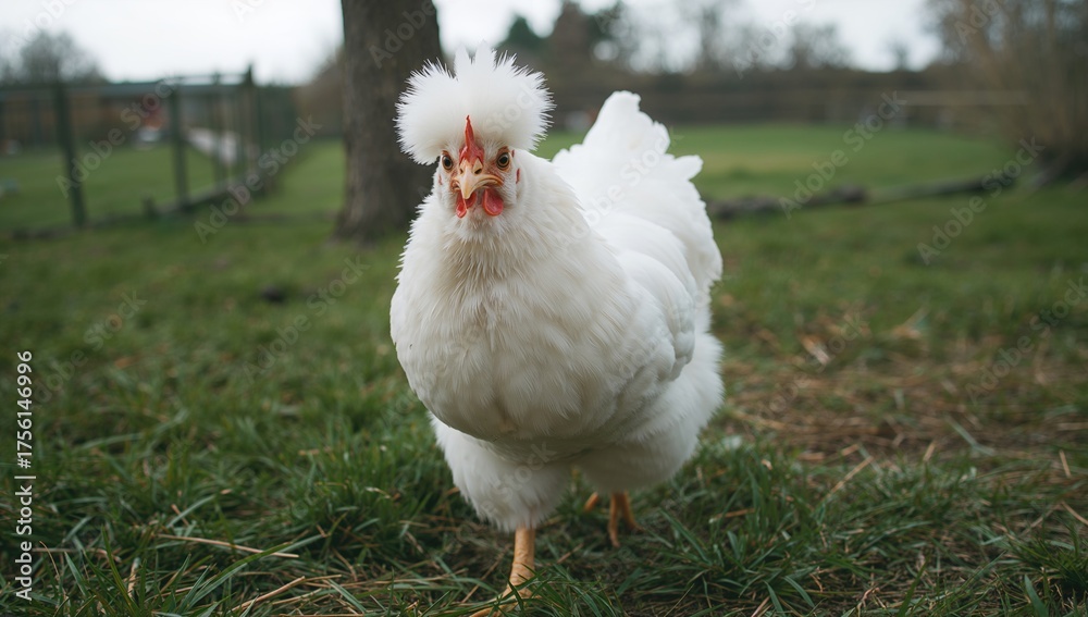 Fototapeta premium Elegant white hen strolling through the farmyard