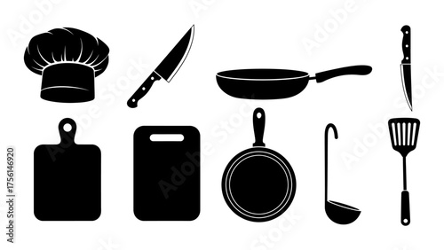 Black Silhouette Kitchen Tools Set with Flat Design Icons on White