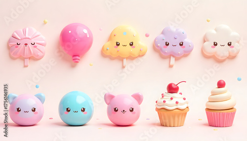 Sweet Surprises: A whimsical assortment of charming, smiling sweets, from adorable cupcakes to delightful candies, arranged in a cheerful row to sweeten your day.