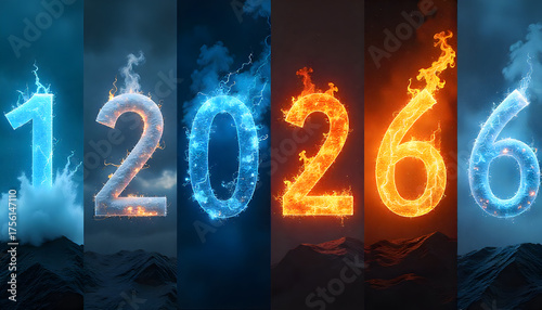 Elemental Numeric Fusion: A mesmerizing visual display of numerical digits, each animated with a distinct elemental essence. A fusion of ice, fire.