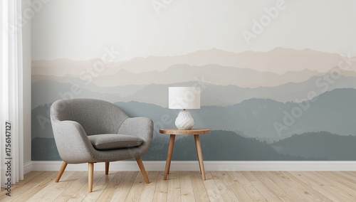 Wooden table beside a grey ...