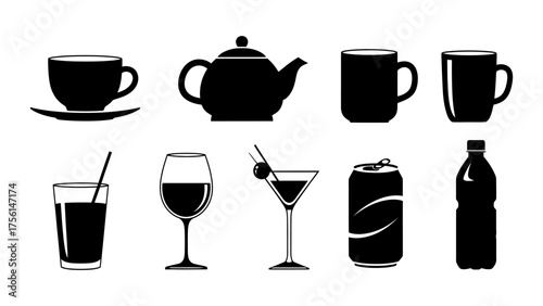 Wallpaper Mural Collection of Black Beverage Container Icons and Silhouettes on White Torontodigital.ca