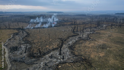 Bird's-eye view of a scorched landscape. Flames have devastated farmland and woodlands. Area affected by a natural disaster.