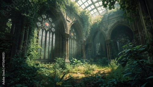 An enchanting indoor garden housed within a majestic building featuring arches and large colorful glass panes. Unusual chambers embraced by lush greenery. Imaginative architectural interior and