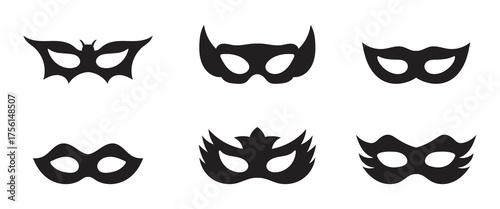 Different Mask silhouette isolated on transparent background Masquerade vector for apps or web party superhero carnival villain or burglar icon in flat set. costume eye mask hidden person face