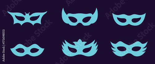 Different Mask silhouette isolated on transparent background Masquerade vector for apps or web party superhero carnival villain or burglar icon in flat set. costume eye mask hidden person face
