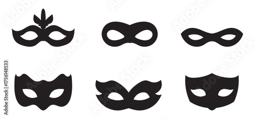 Black mask big icon set. Mask superhero carnival. Different masks silhouette. Black masquerade costume eye mask. Vector illustration.