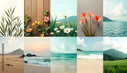 Serene Nature Collection: A collage of diverse scenes from nature, showcasing the beauty of plants, flowers, water, and landscapes
