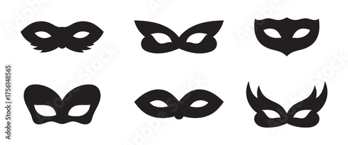 Black mask big icon set. Mask superhero carnival. Different masks silhouette. Black masquerade costume eye mask. Vector illustration.