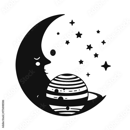 An earth with moon illustration set with a cartoon Santa hat and winter holiday design