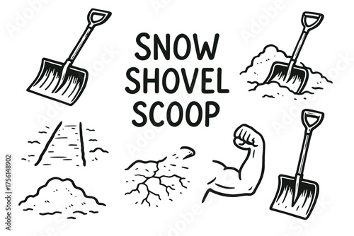 Black and white illustration featuring multiple snow shovels in action, piles of snow, and a flexed muscular arm labeled "snow shovel scoop.