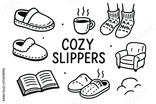 Black-and-white drawing of various cozy winter items, including slippers, steaming cup, knitted socks, armchair, open book, and clouds.