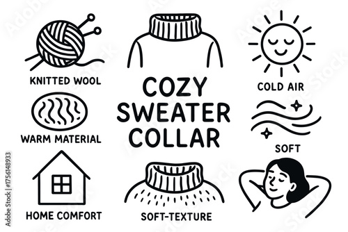 Black outline illustrations showcasing knitting yarn, sweater collar, sun, and symbols representing warmth, softness, and home comfort.